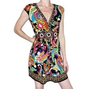 ECI New York Colorful Abstract Floral Paisley Mini Beaded Dress